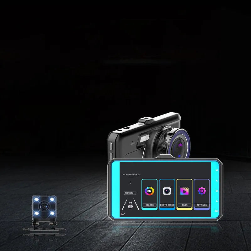 Black touch screen car driving recorder with front and rear cameras mounted in vehicle
