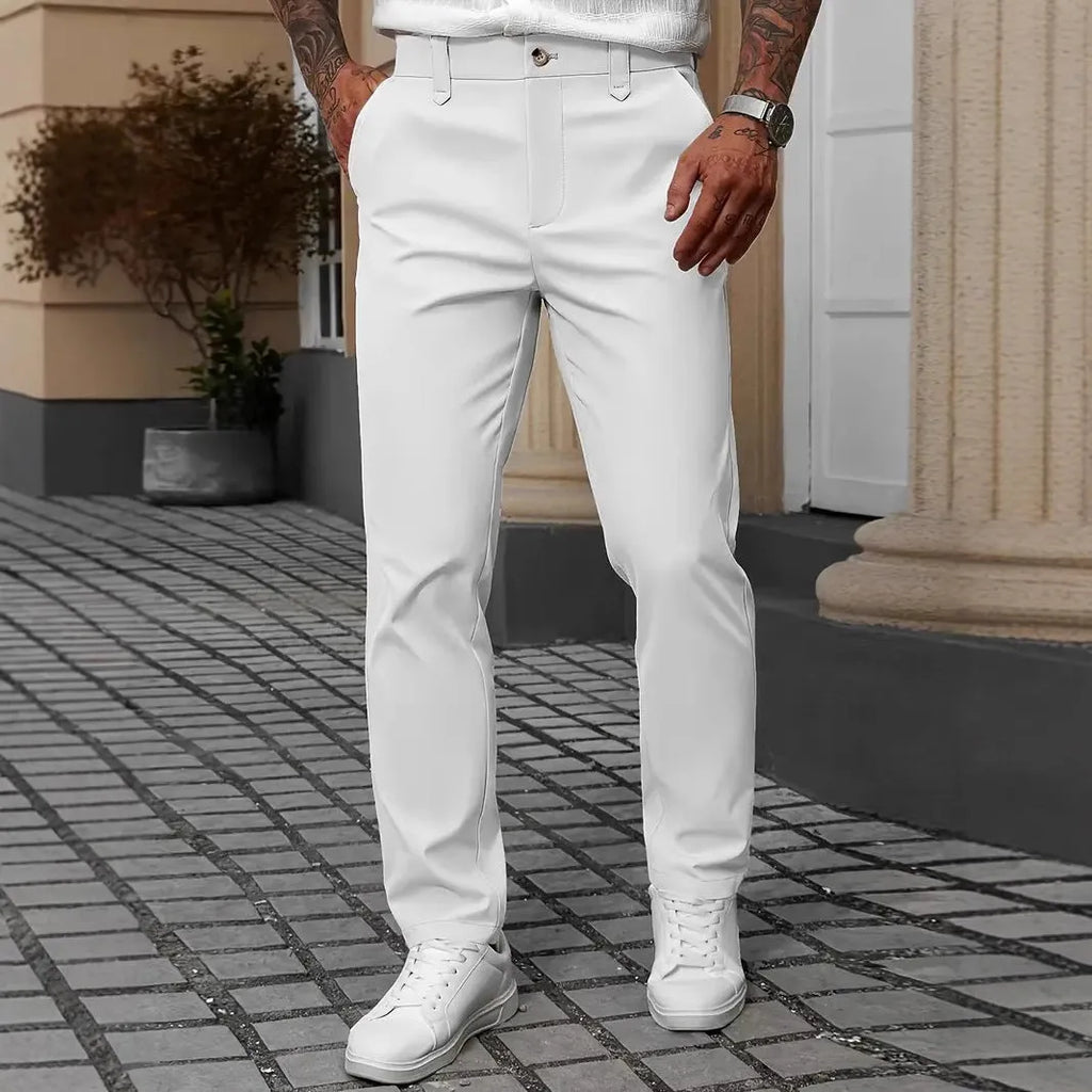 Men's straight-leg business casual trousers in apricot colour on a hanger.