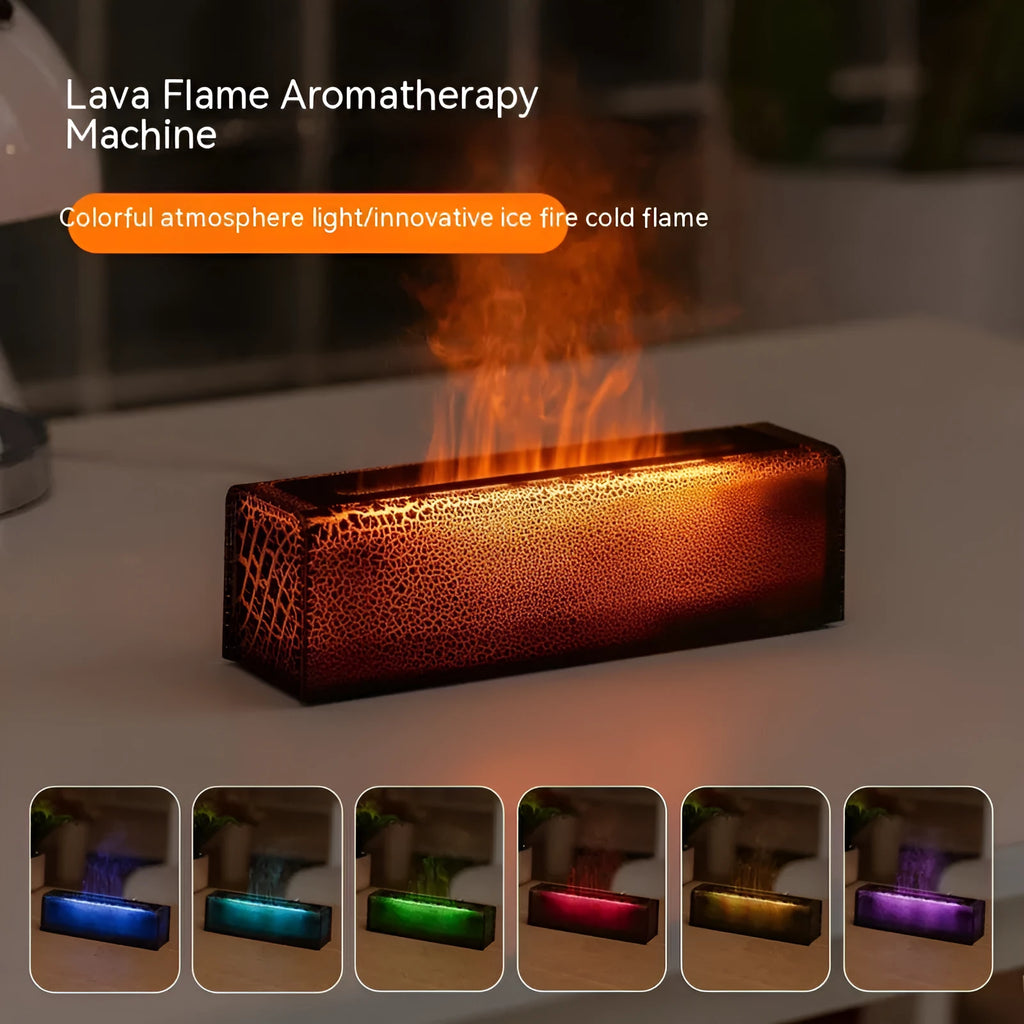 Square desktop aroma diffuser and humidifier with creative lava colourful flame lighting effect.
