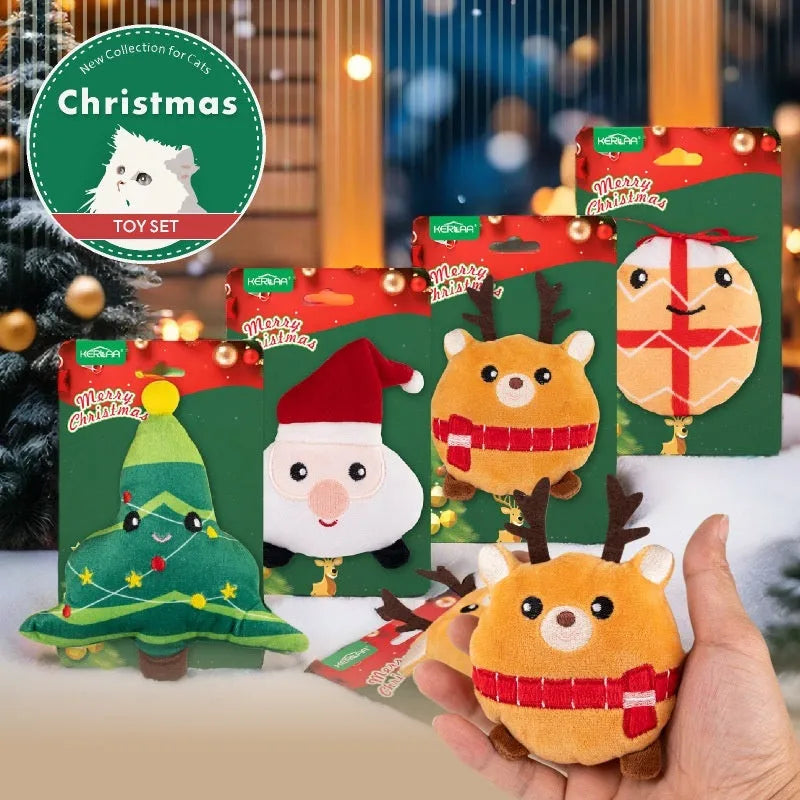 Christmas cat plush toy with catnip stuffing in festive designs including Santa Claus and Christmas Tree.