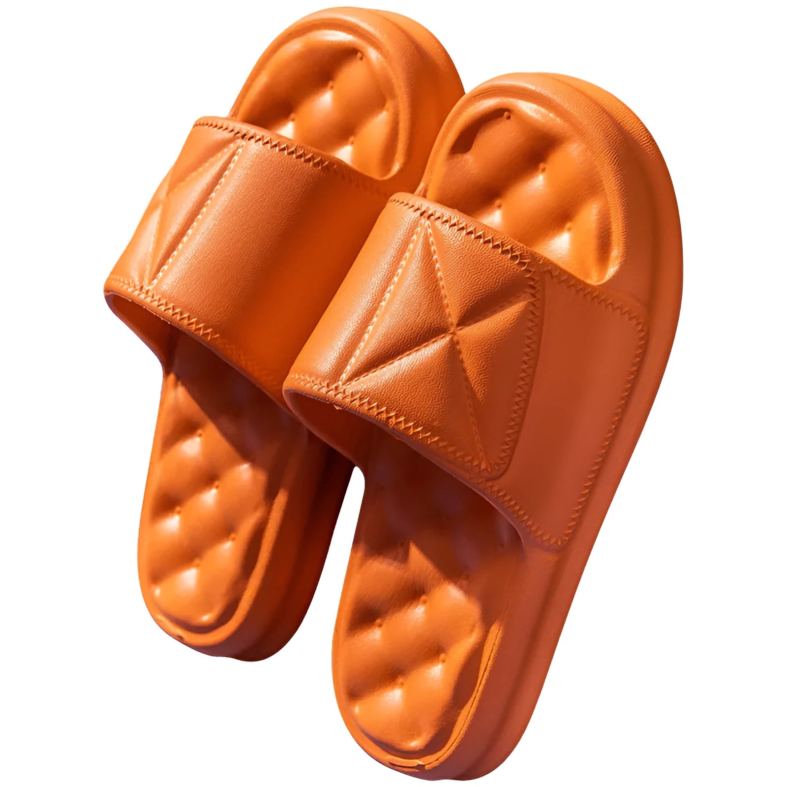 A pair of soft EVA bathroom slippers with a thick sole, shown in a choice of colours including black, caramel, green, pink, and yellow.