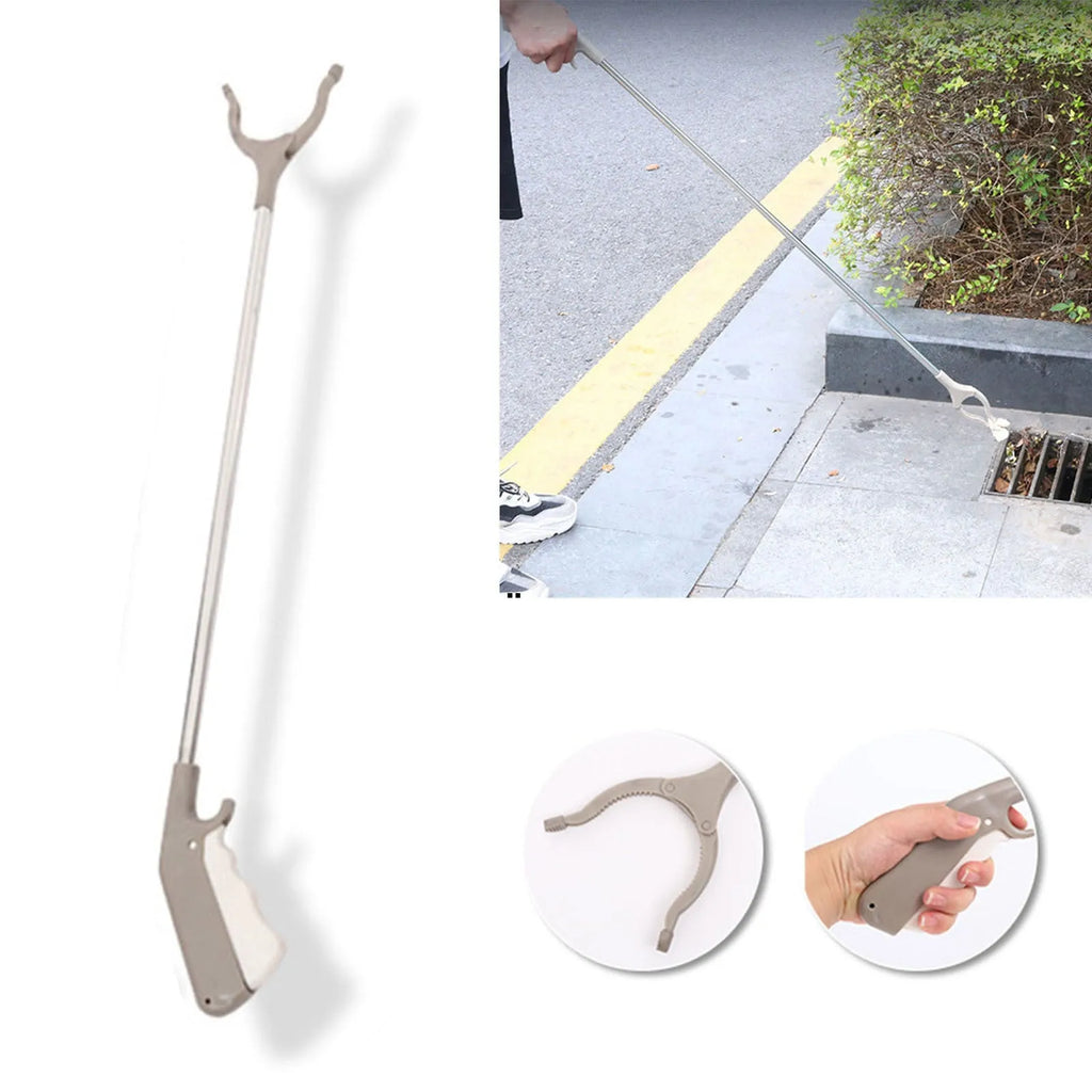 Stainless steel garbage picker with extended 40cm arm and plastic handle.