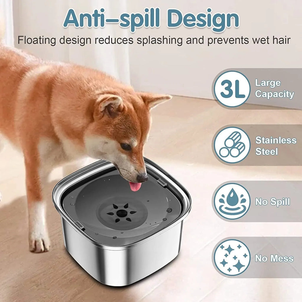 Large capacity stainless steel pet water bowl with floating design in blue