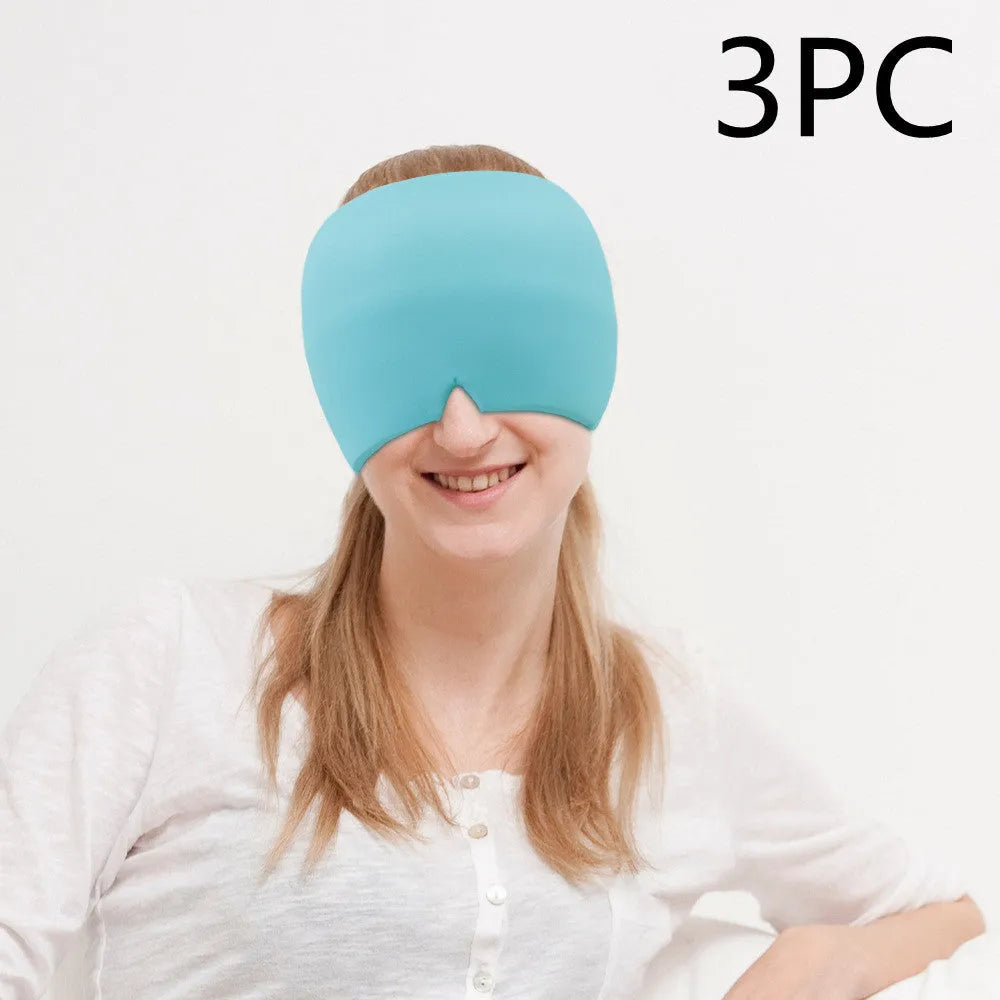 Black cooling gel eye mask for headache relief on a white background.