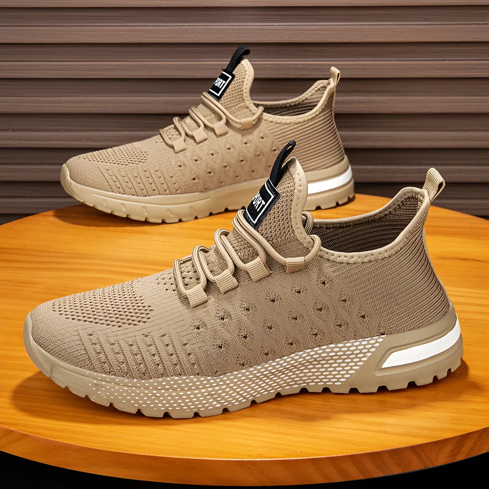 Men's solid colour casual shoes with a mesh upper in Army Green, shown from a side profile.