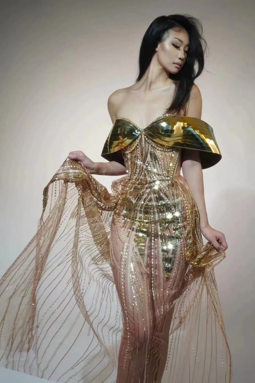 Gold strapless sequined evening dress with tulle skirt and side split detail for women's formal wear