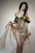 Gold strapless sequined evening dress with tulle skirt and side split detail for women's formal wear