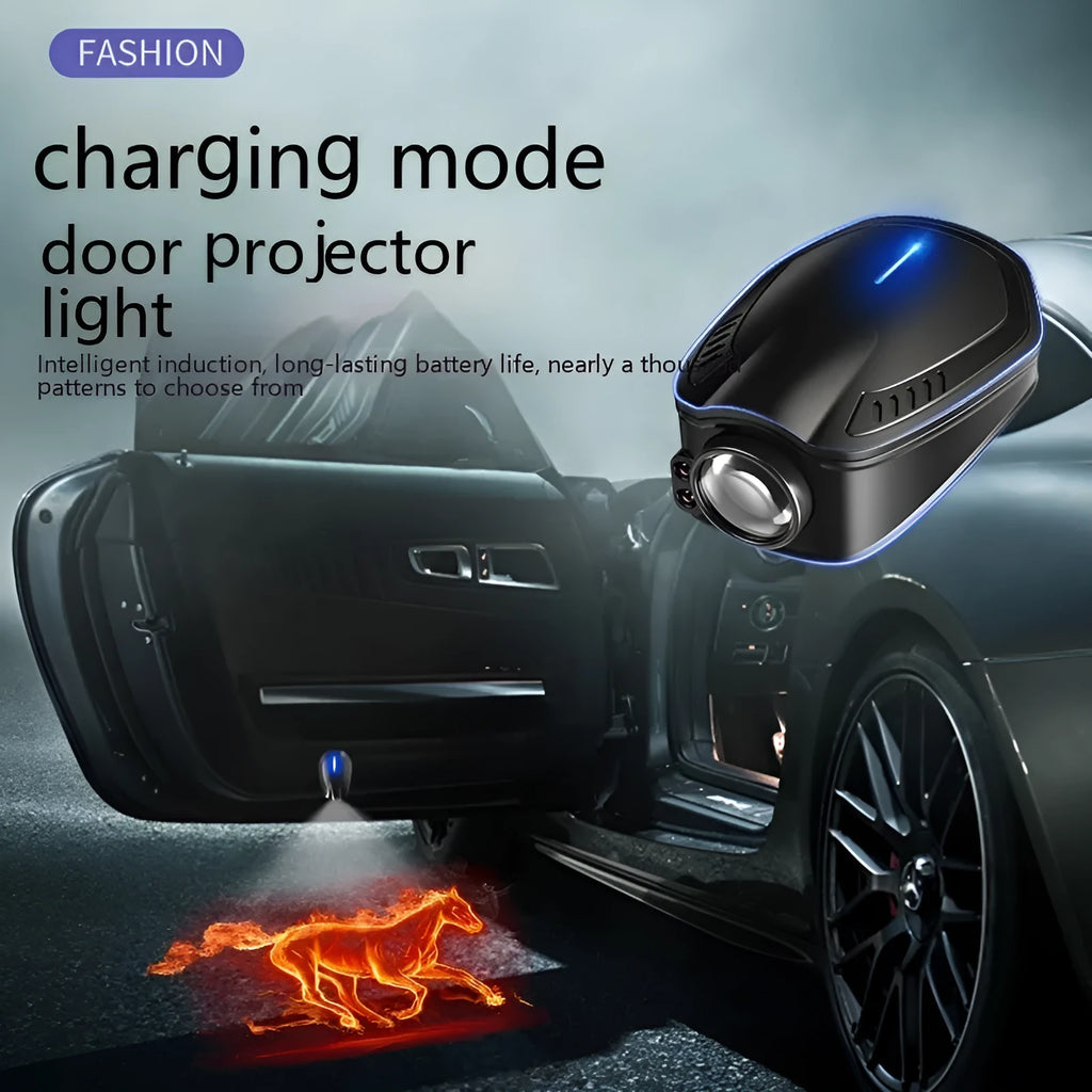 Black F2 rechargeable wireless car welcome light with magnetic base and USB charging port.