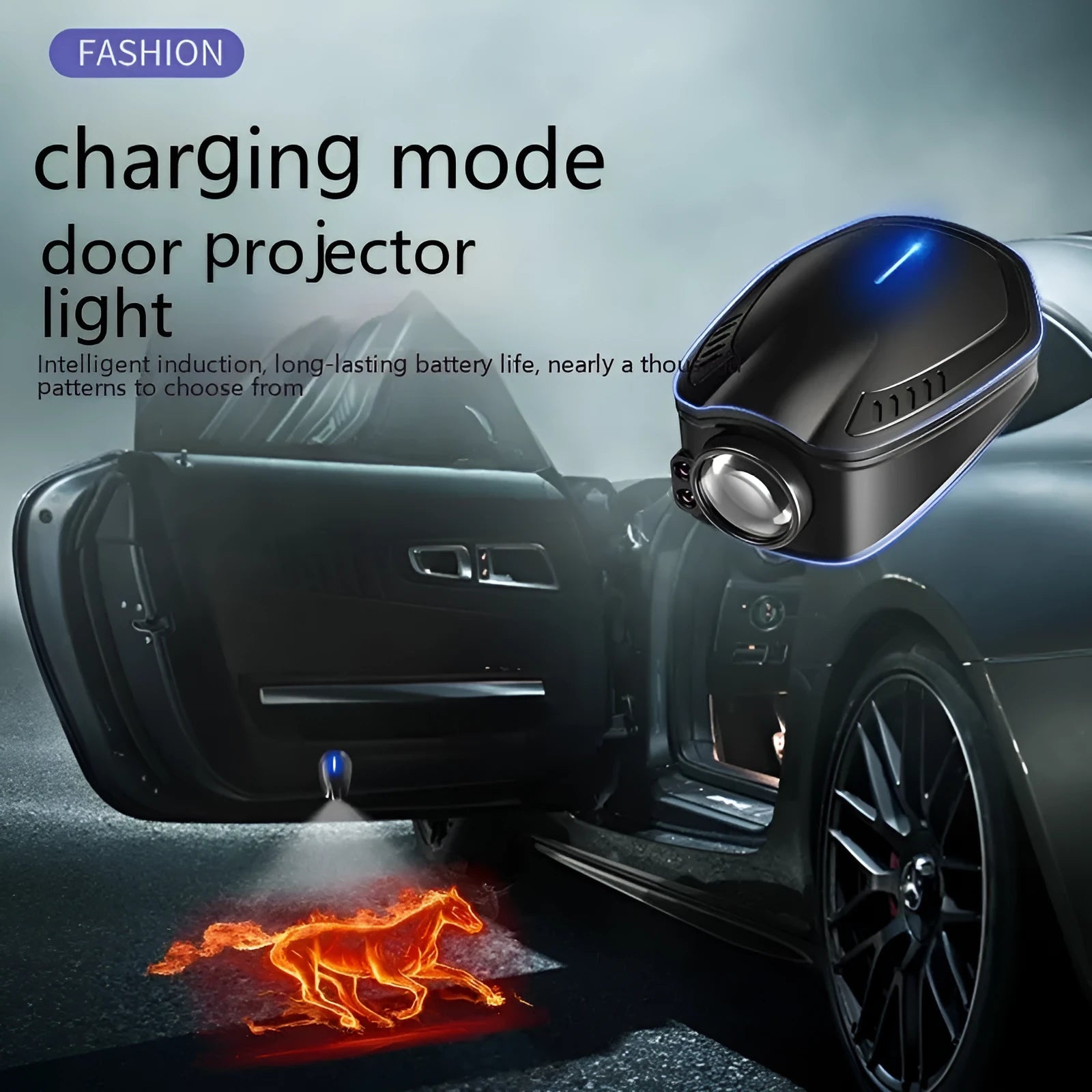 Black F2 rechargeable wireless car welcome light with magnetic base and USB charging port.