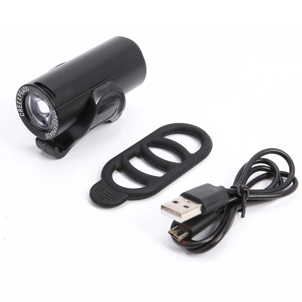 Black USB rechargeable bicycle front light with 350 lumens output.