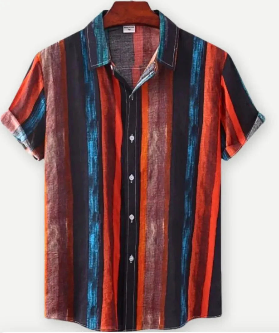 Hawaiian style short sleeve shirt with lapel collar and floral digital print, made from elastic polyester fabric.