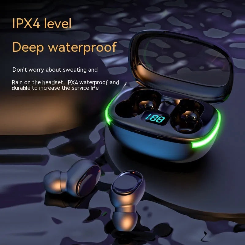 Black Y80 wireless Bluetooth earphone with in-ear design showing wireless charging capability