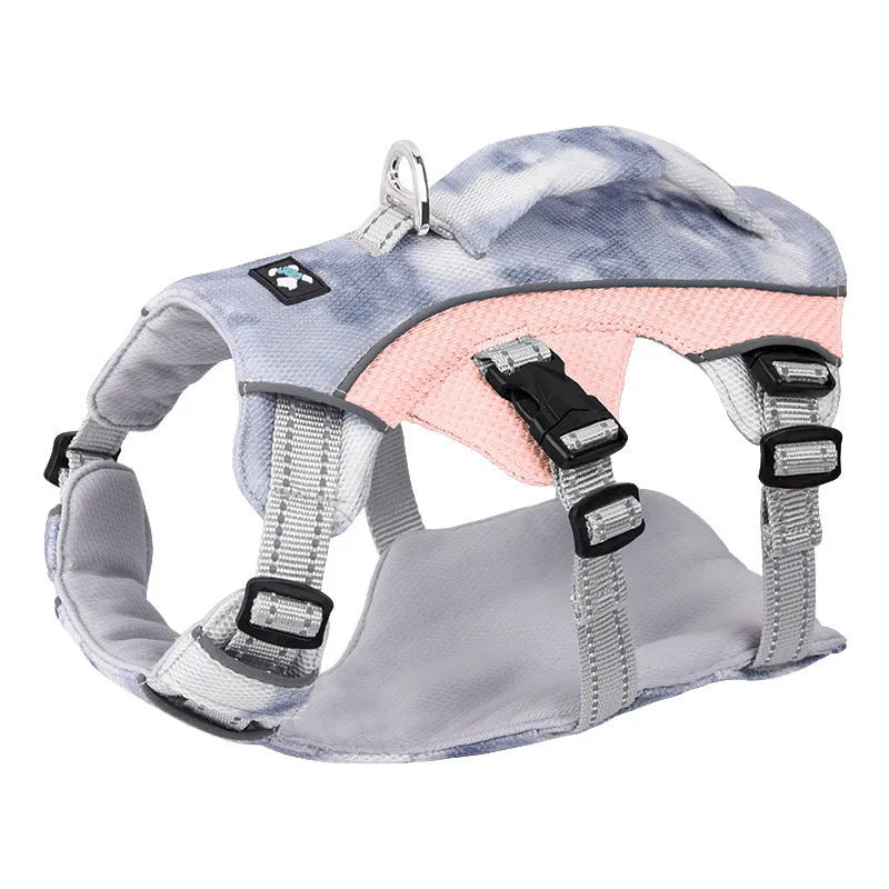 Light blue reflective dog chest strap cooling harness laid flat.