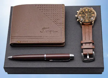 Creative holiday gift set showing wallet, pen, and watch in gift box with black or brown colour options