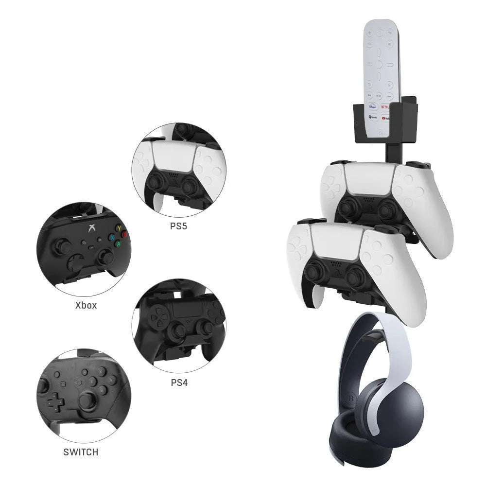 White ABS plastic wall hook holding a PlayStation controller and gaming headset.