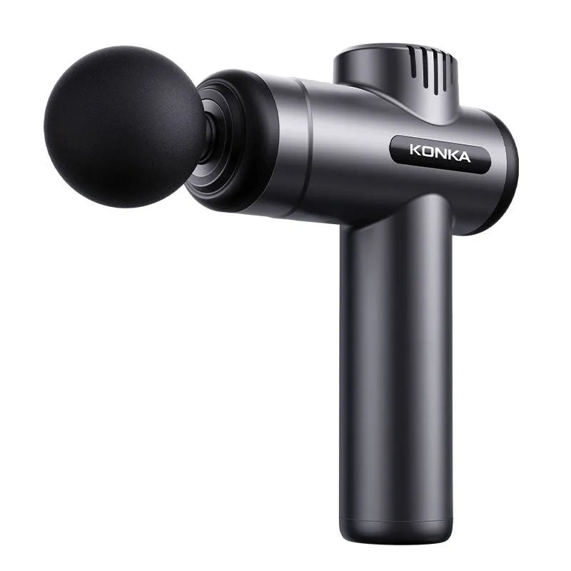 Konka V19 grey professional massage gun with set of eight different coloured massage heads on a table.