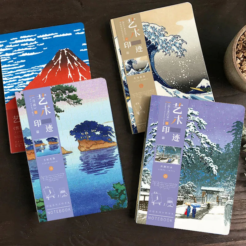 Ukiyo-e Kanagawa wave art cover hand ledger notebook open on a table.