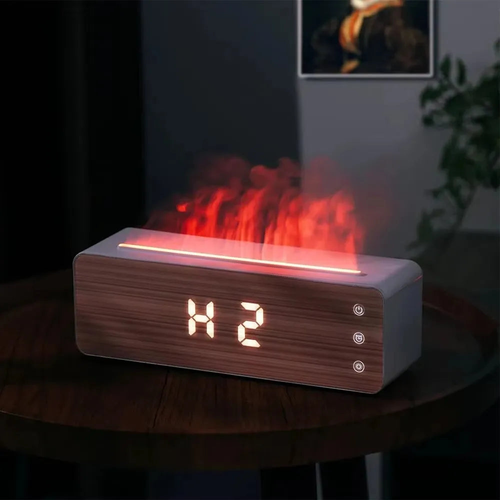 White flame humidifier with wood grain panel, clock and humidity display, UVC sterilisation, 280x85x95mm