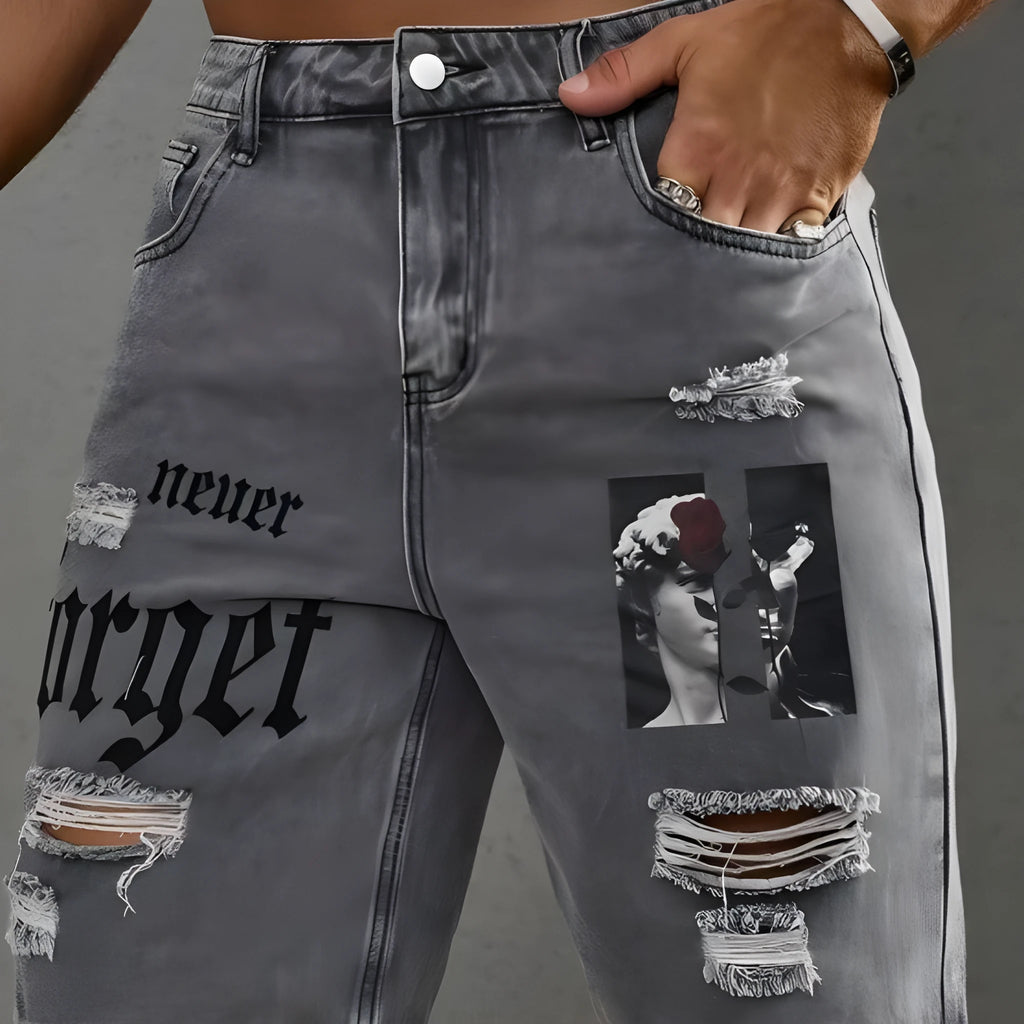 Men's letter printed Do The Old Cowboy shorts in khaki with double layer belt, side view on model