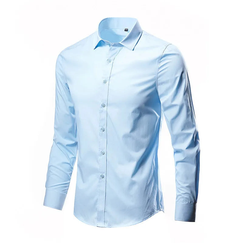 Men's slim-fit long sleeve linen shirt on a hanger, shown in a light grey colour.