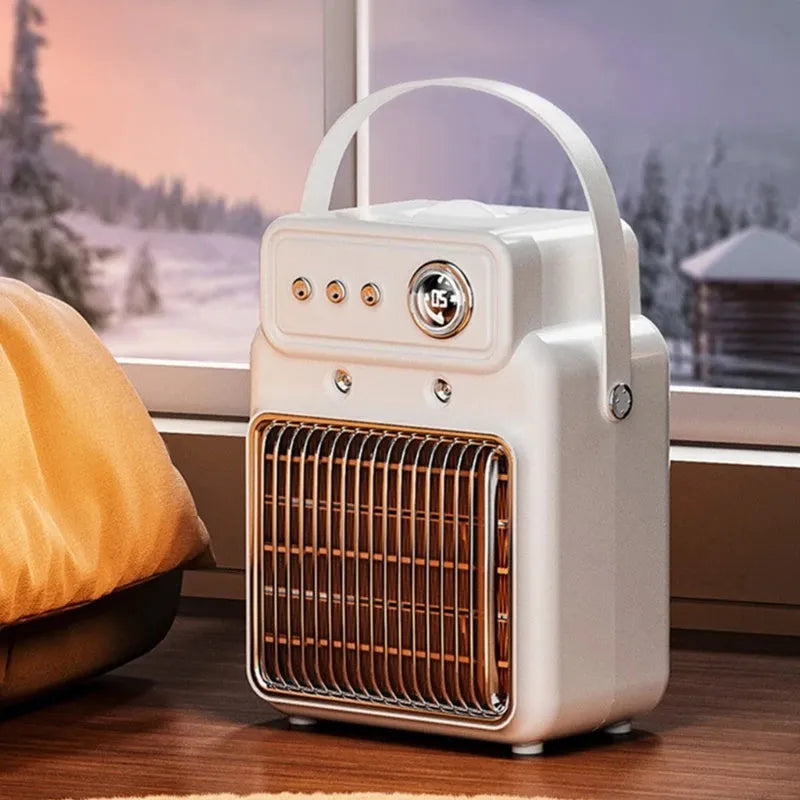 White portable table heater with humidifier function and digital control panel.