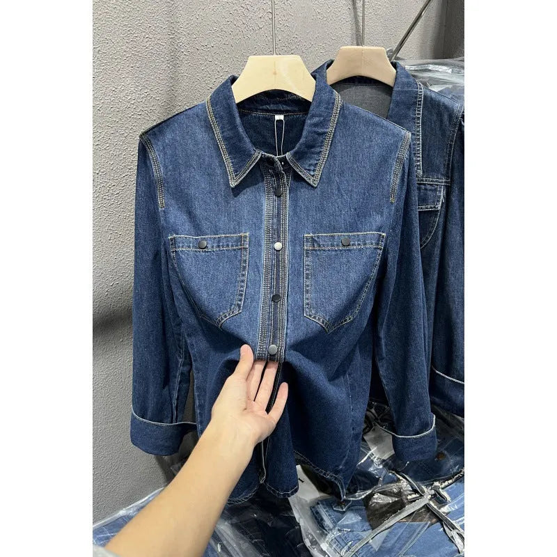 Layered retro top in denim-style polyester fabric with long sleeves, available in sizes S to 2XL