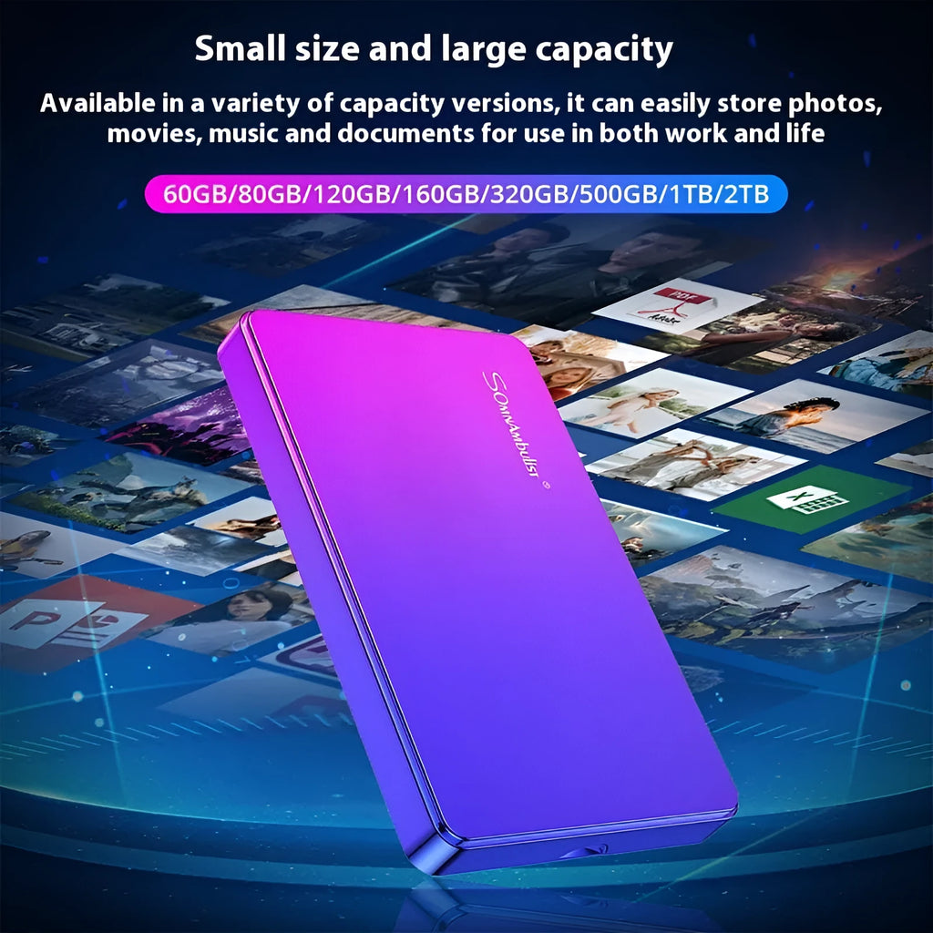 Purple external hard drive 1TB with leather carry bag and data cable