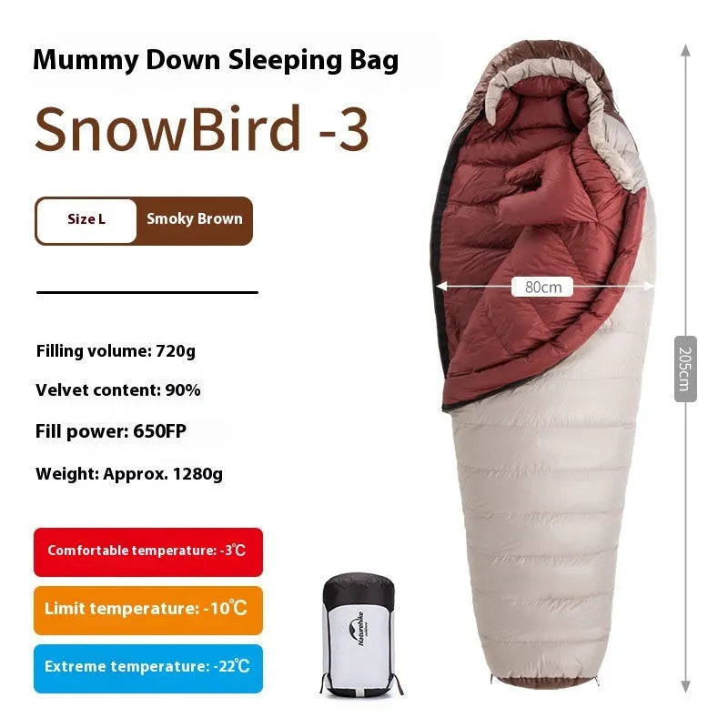 Blue and grey mummy-style down sleeping bag packed in its storage bag for camping.