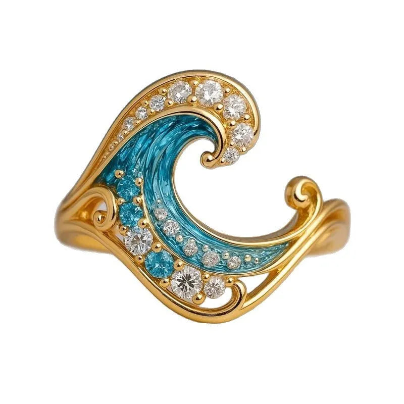 Gold colour zinc alloy ring with micro inlay spray HAILANG series pattern, shown in UK size options