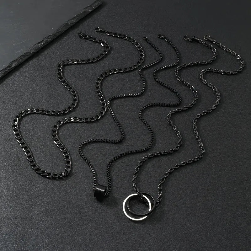 Men's black titanium steel geometric necklace set with three-dimensional cylindrical ring buckles on stainless steel chains