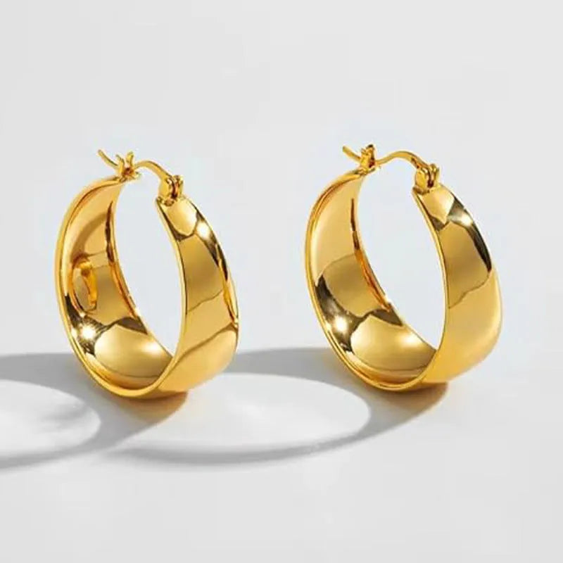 Widened curved stainless steel earrings with titanium content in gold or steel colour