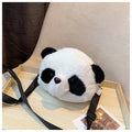 Soft plush cylindrical crossbody bag in panda head design with a sandwich pocket.
