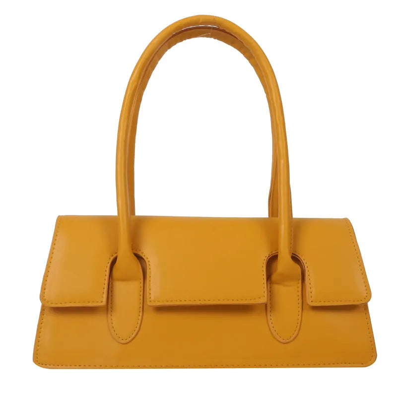 Women's small square shoulder bag in PU leather showing horizontal design with stitching details