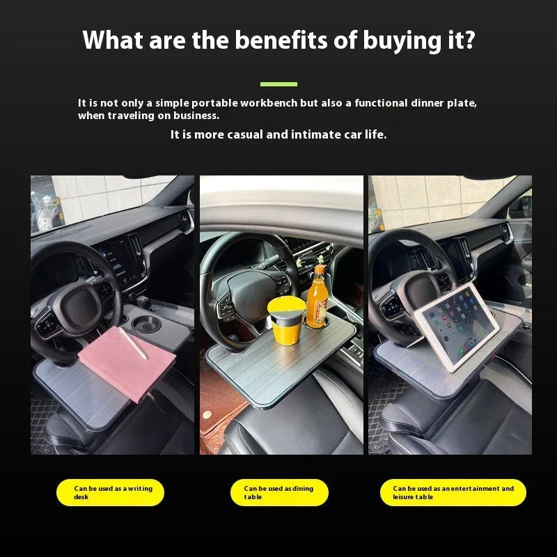 Black foldable car steering wheel tray with laptop and cup holder on a 42x28cm ABS surface