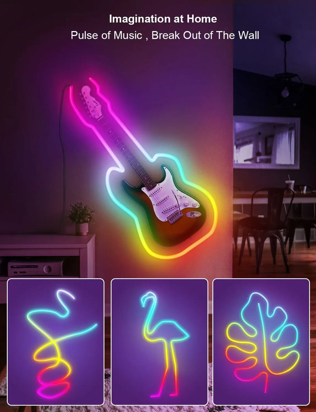 3 metre long RGB magic colour neon light strip with remote control for Bluetooth and Wi-Fi adjustment
