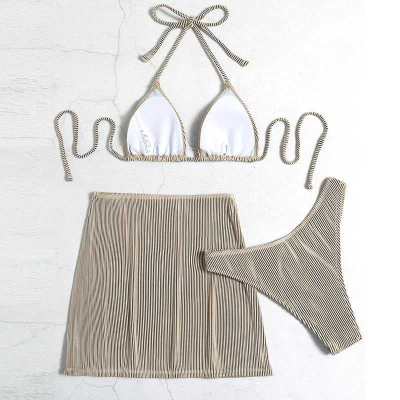 Women's three-piece ribbed bikini swimsuit set in green colour.