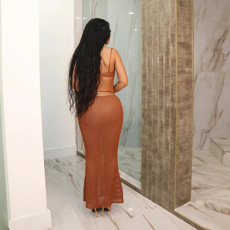 See-through bikini skirt suit for women in black with long polyester skirt and sleeveless top