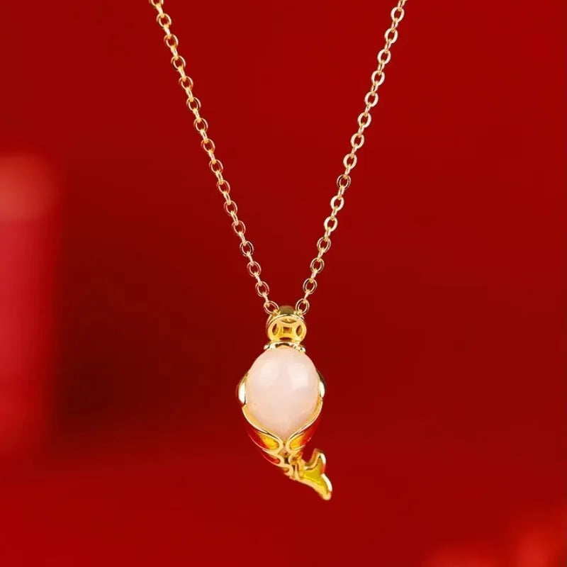 Women's lucky koi red copper necklace and bracelet set with retro carp design.