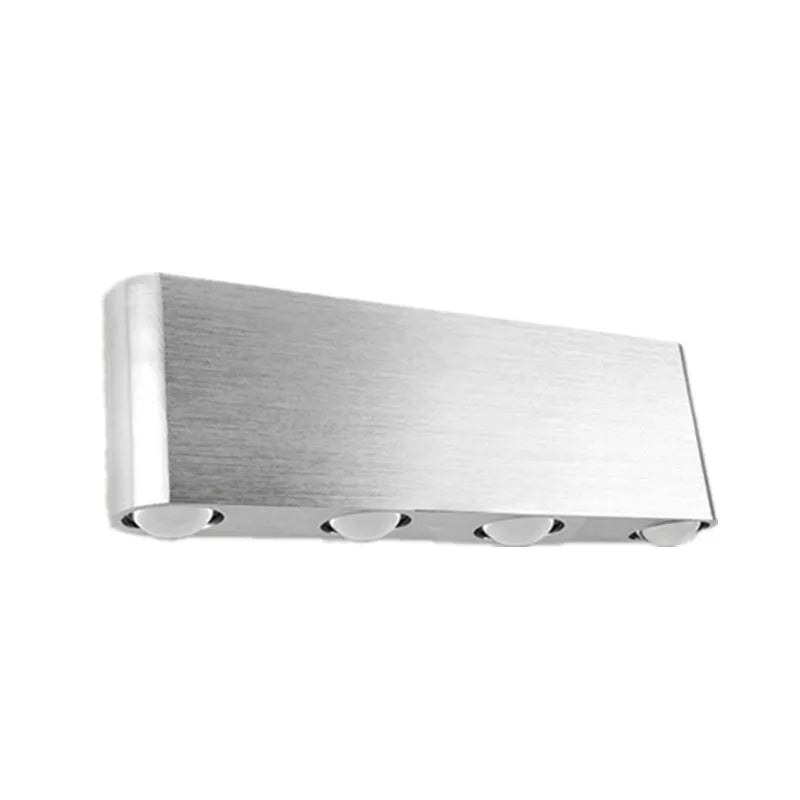 Silver aluminium rectangular LED wall lamp showing seven light colour options including blue, green, and warm white
