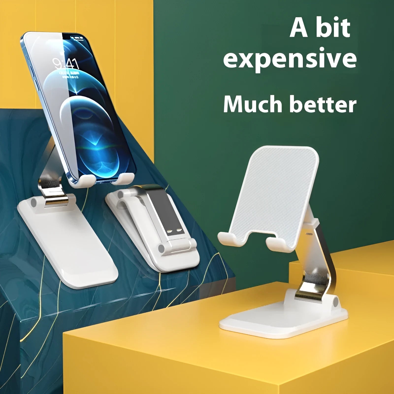 Folding portable desktop phone stand with weighted base in four colour options