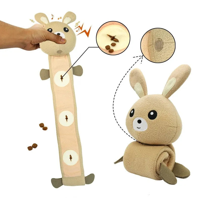 Plush dog sniff toy with poached bunny design showing food hiding compartments and sound-making features