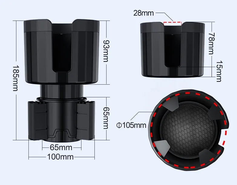 Matte black car cup holder expander with adjustable base for large bottles.