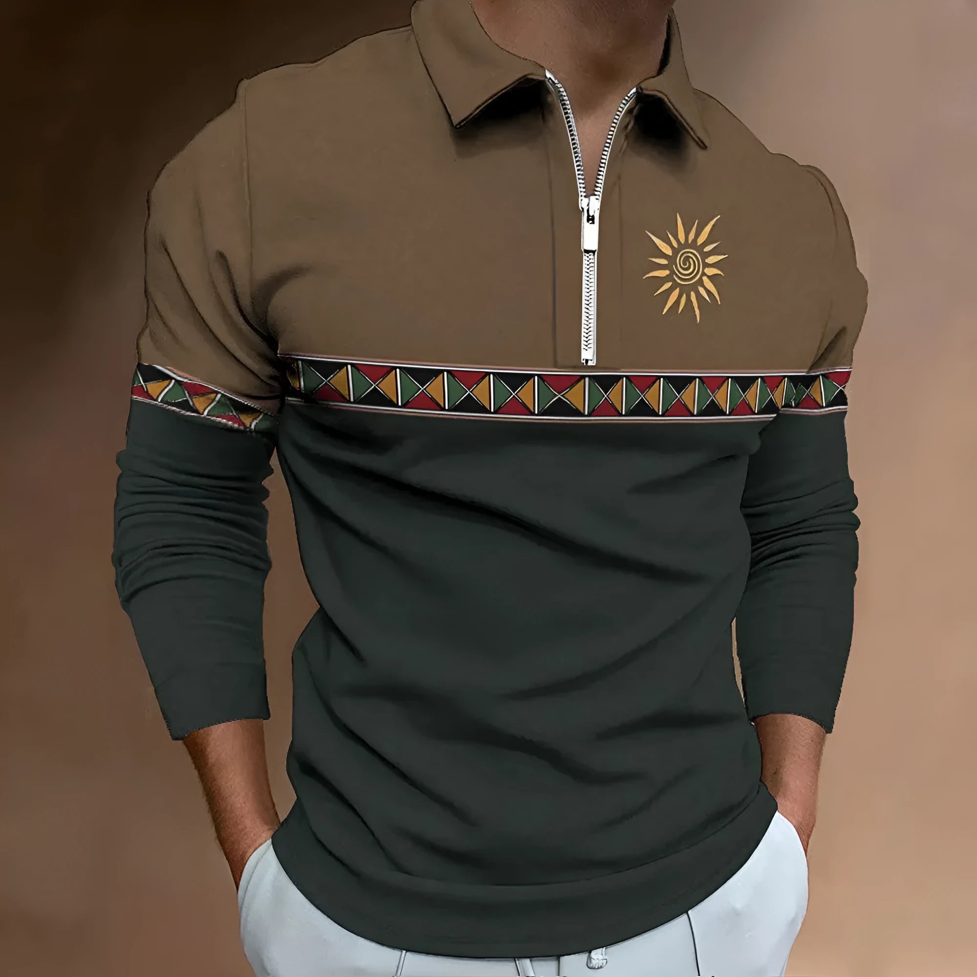 Men's retro colour print long sleeve golf t-shirt with loose fit and zipper decorations