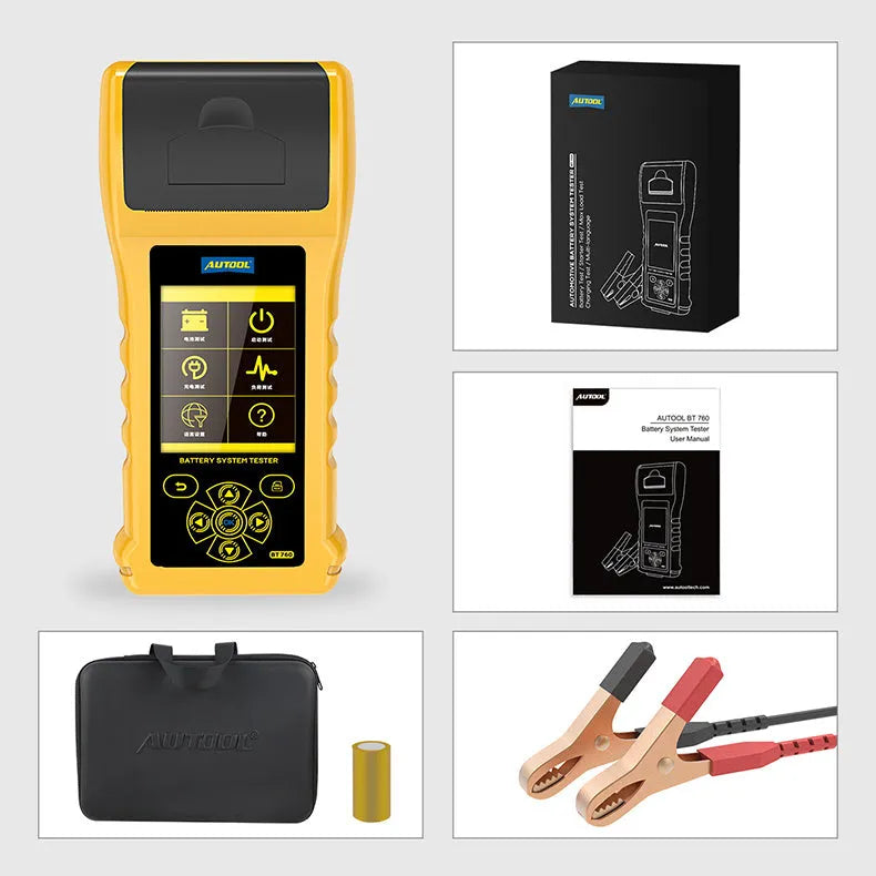 Autool BT760 vehicle battery tester with colour screen and attached battery clips on a workbench
