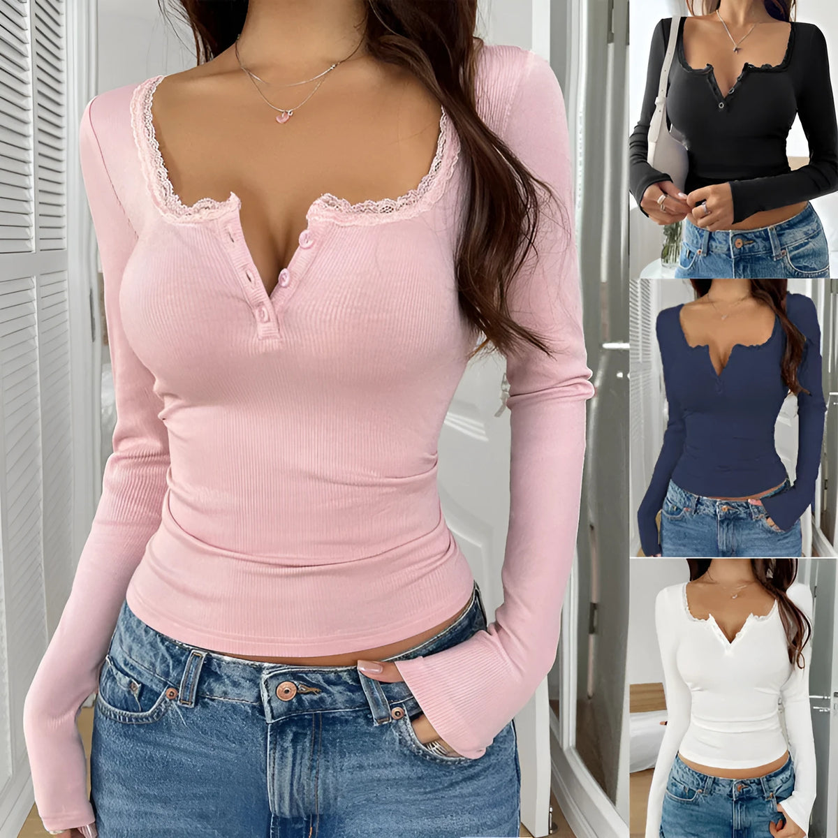Women's V-neck fitted long sleeve top in solid colour polyester, sizes S-XXL