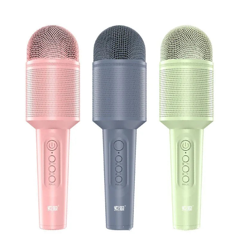 Wireless Bluetooth karaoke microphone in pink, blue, or green colour options with USB connection.