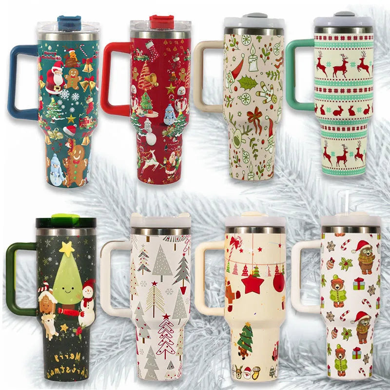 Christmas pattern stainless steel vacuum tumbler with handle and straw lid