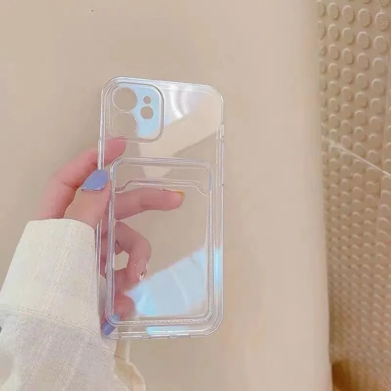 Transparent Apple iPhone wallet case showing card slots and clear PVC construction