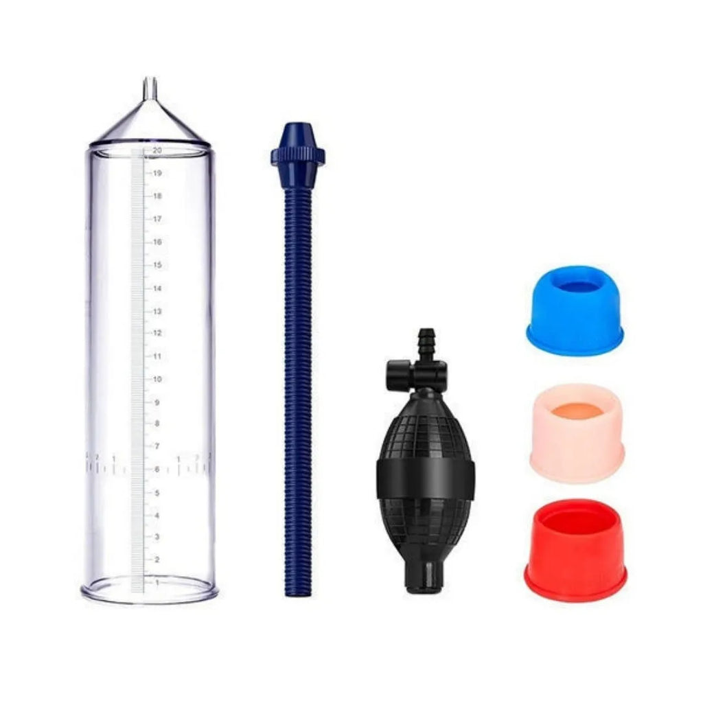 Male penis simulator silicone cover accessory with plastic valve exerciser and complete component set