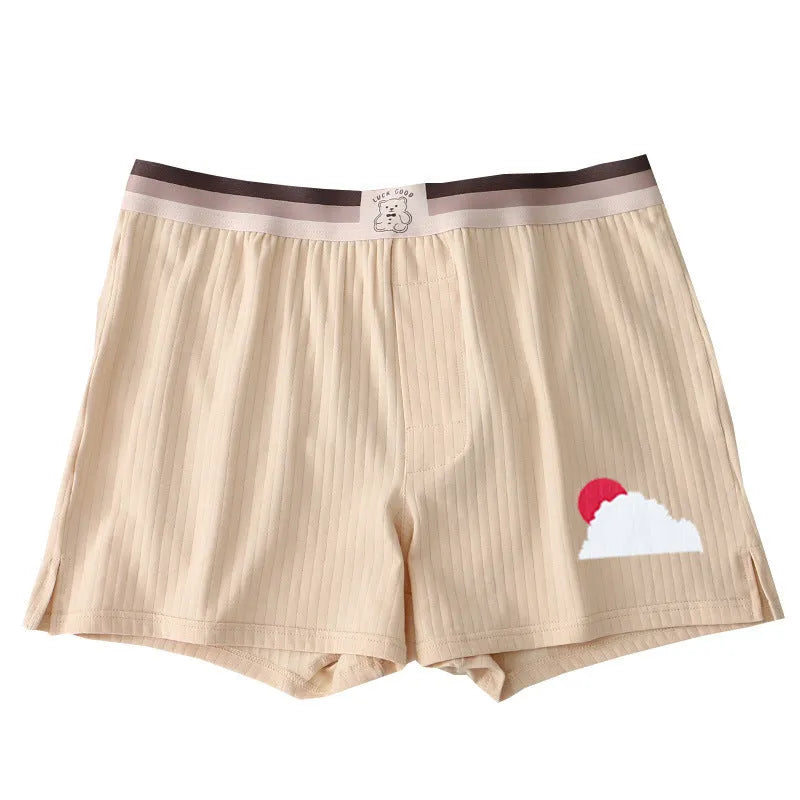 Men's cotton breathable loose boxers with animal pattern in beige and blue, mid-waist design, sizes M to XXL